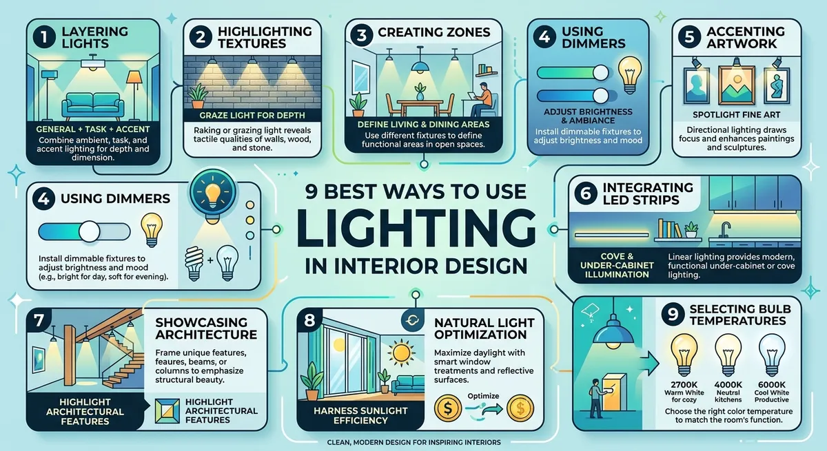 Infographic: 9 Best ways to use lighting in interior design