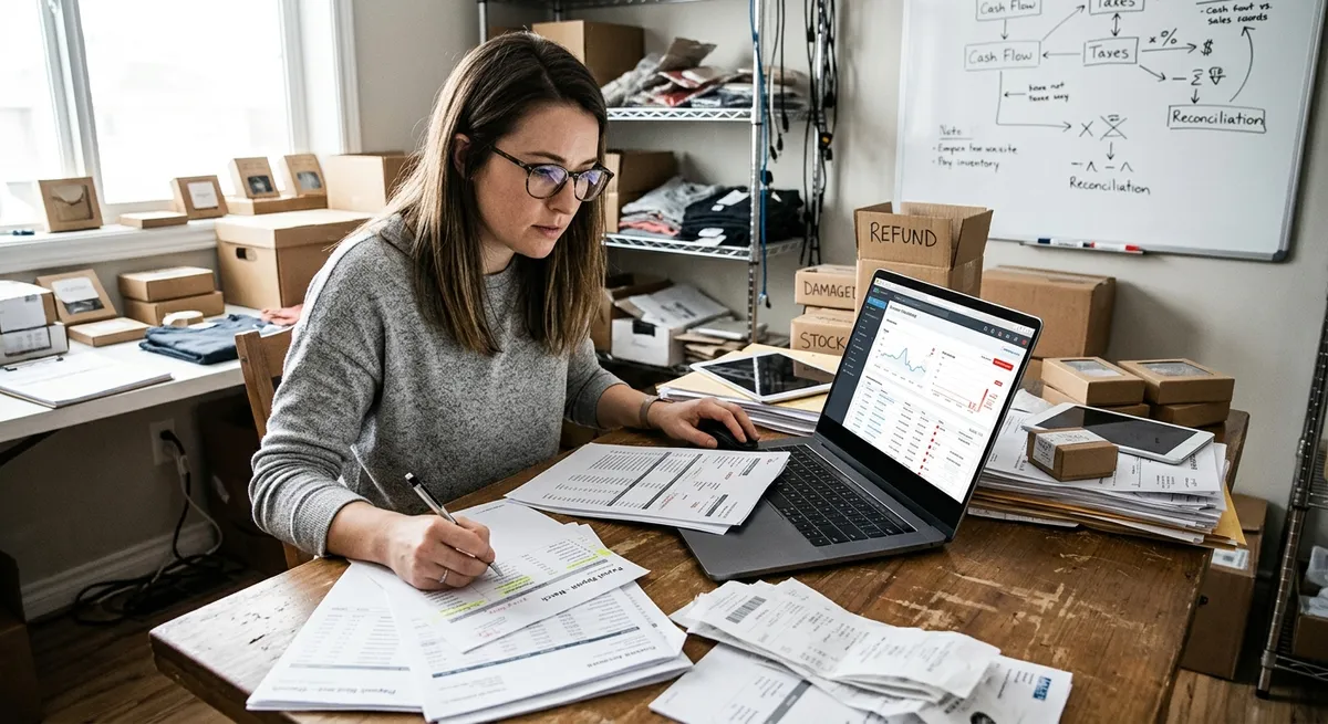 An online shop owner reviewing payout, fee, refund, and inventory records